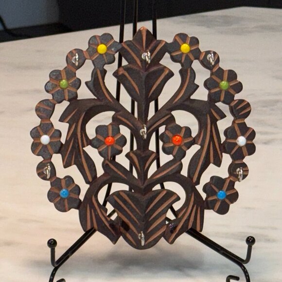 Other - Vintage Carved Wood Key Holder Inlayed Stones